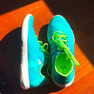 Under Armour blue and green running shoes. Size 7Y